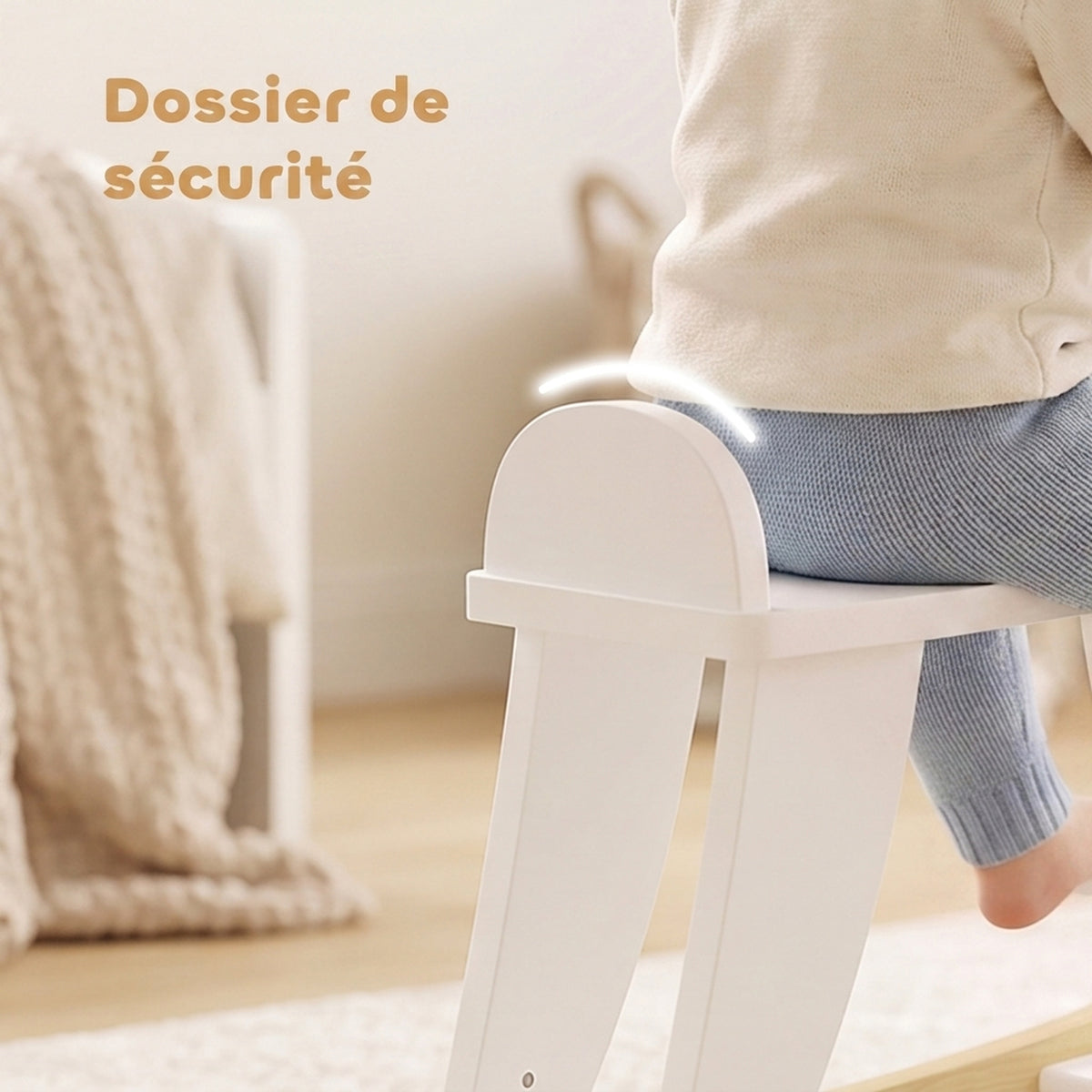 Cheval à Bascule en Bois - Jeu à Bascule Avec Poignées, Repose-Pied et Butées - MDF Contreplaqué Blanc et Bois Naturel-6