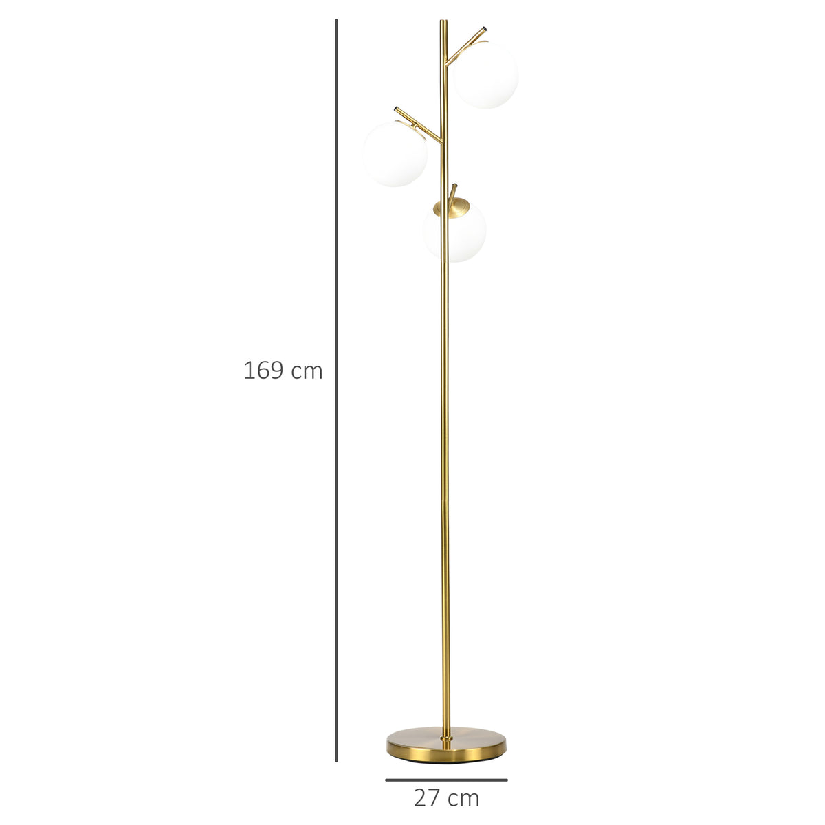 Lampadaire sur pied salon en métal avec 3 abat-jours globe blanc verre dépoli 40W Ø 27 x 169H cm doré-2