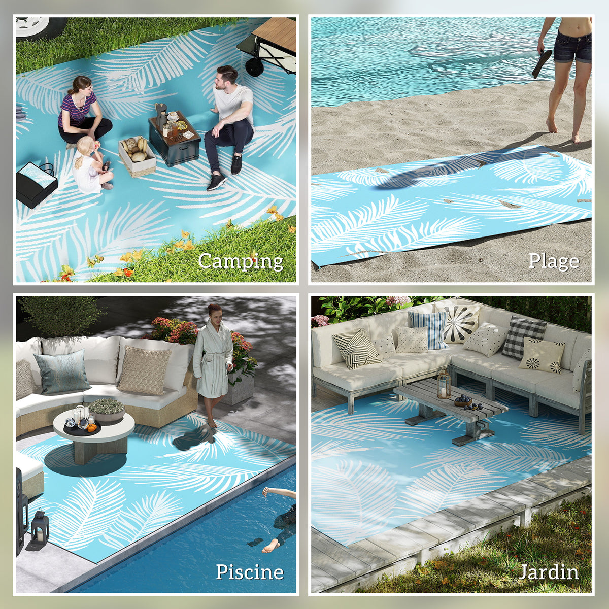 Tapis d'extérieur réversible 274x182 cm, tapis de sol en PP résistant aux intempéries, sac de transport, bleu-6
