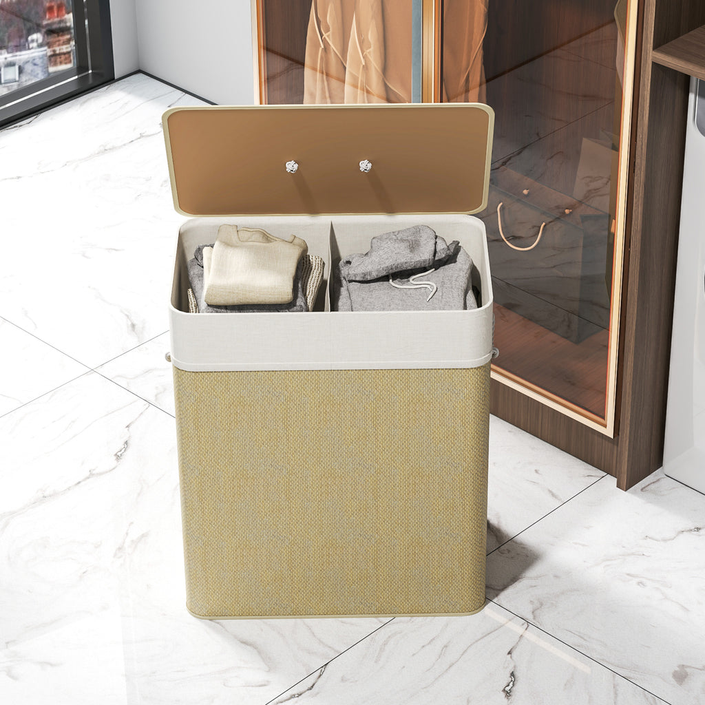 Panier à linge double avec couvercle, panier à linge en bambou 100 L avec poignées en corde-7
