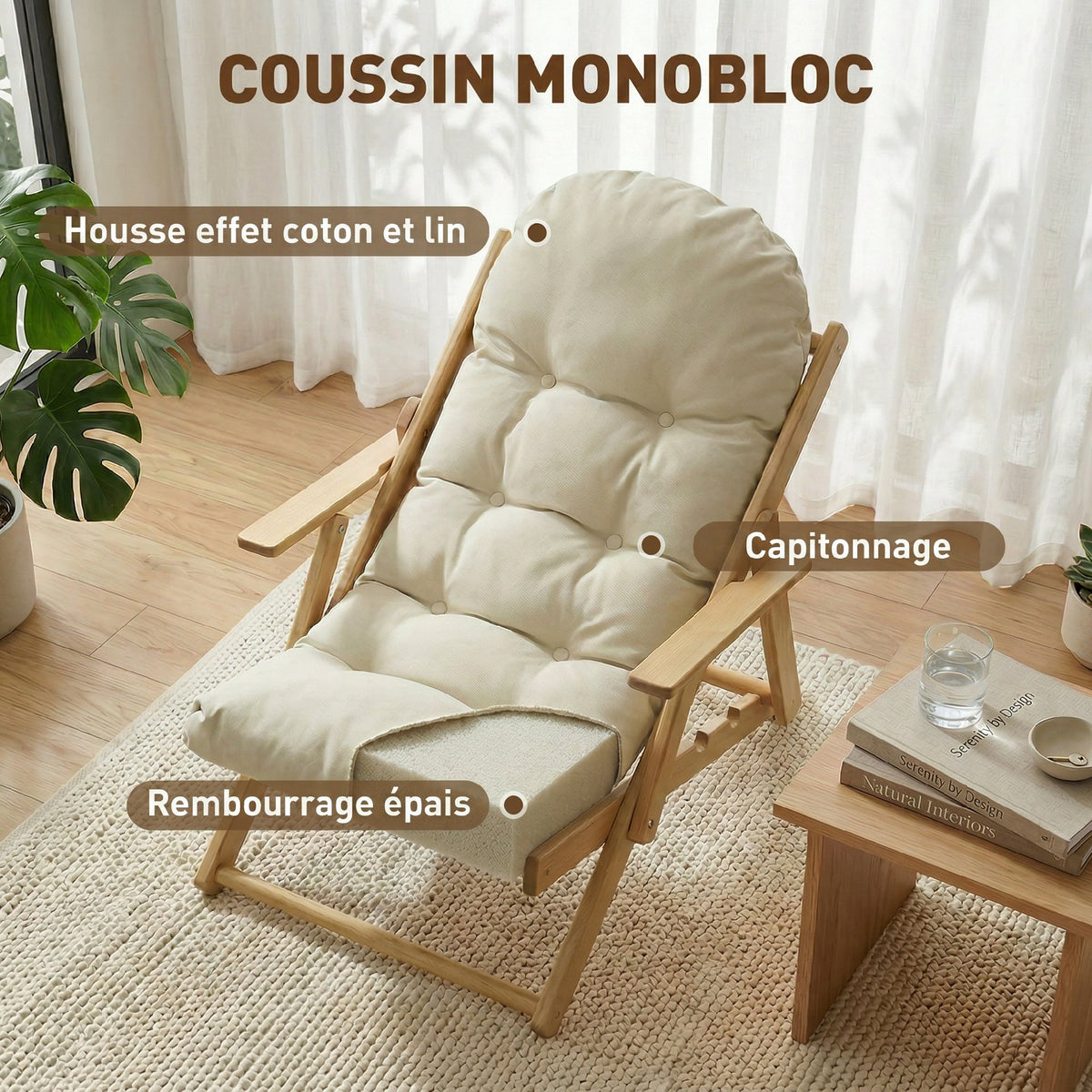 Fauteuil Chaise de Salon Pliable et inclinable en Bois Fauteuil Relax Confortable avec Coussin capitonné épais-4