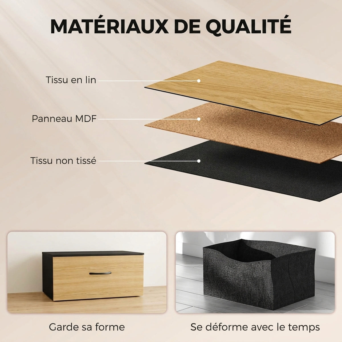 Commode, meuble de rangement avec 5 tiroirs en tissu pliables, plateau et cadre en acier, 98 x 29 x 63 cm, chêne-5