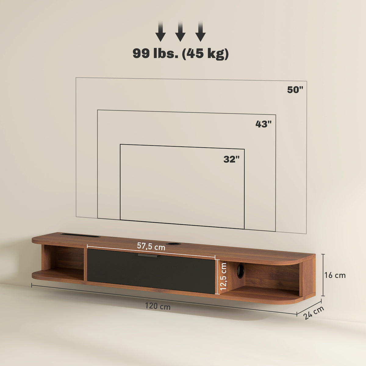 Meuble TV Suspendu, Meuble Télé pour Téléviseur jusqu'à 50 Pouces, Tiroir Rabattable, 2 Étagères, 120x24x16cm, Noyer-2