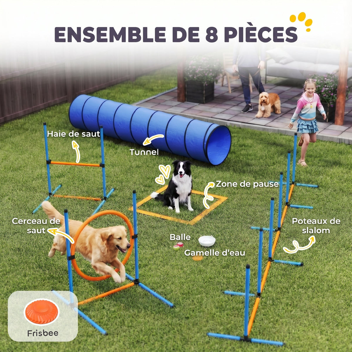 Ensemble d'Agilité pour Chien 8 Pièces avec Tunnel, Slaloms, Sauts Ajustables, Sac de Transport, 350x68x70cm, Orange-3