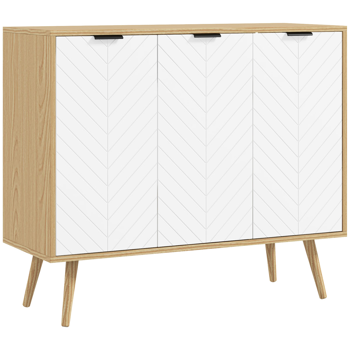 Buffet bas meuble de rangement 2 placards 3 portes motif chevrons étagères réglables 91,5 x 35 x 77,4 cm bois naturel-0