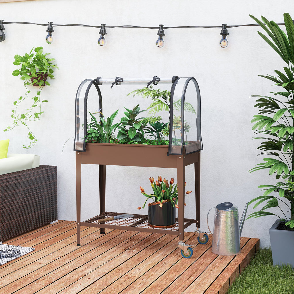 Jardinière surélevée avec bâche transparente, 2 roulettes et 1 étagère inférieure, dim. 80L x 40l x 120H cm-8