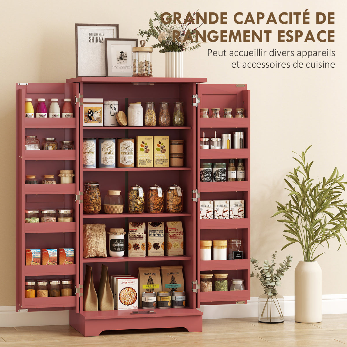 Buffet cuisine armoire de cuisine 5 niveaux avec portes et étagères réglables 60l x 40P x 120H cm grain de bois rouge-3