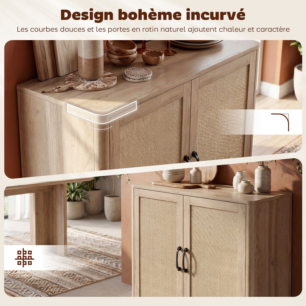 Buffet salon, meuble de rangement avec 2 portes en rotin, étagère réglable et bords arrondis, 76 x 35 x 75,5 cm, chêne-3