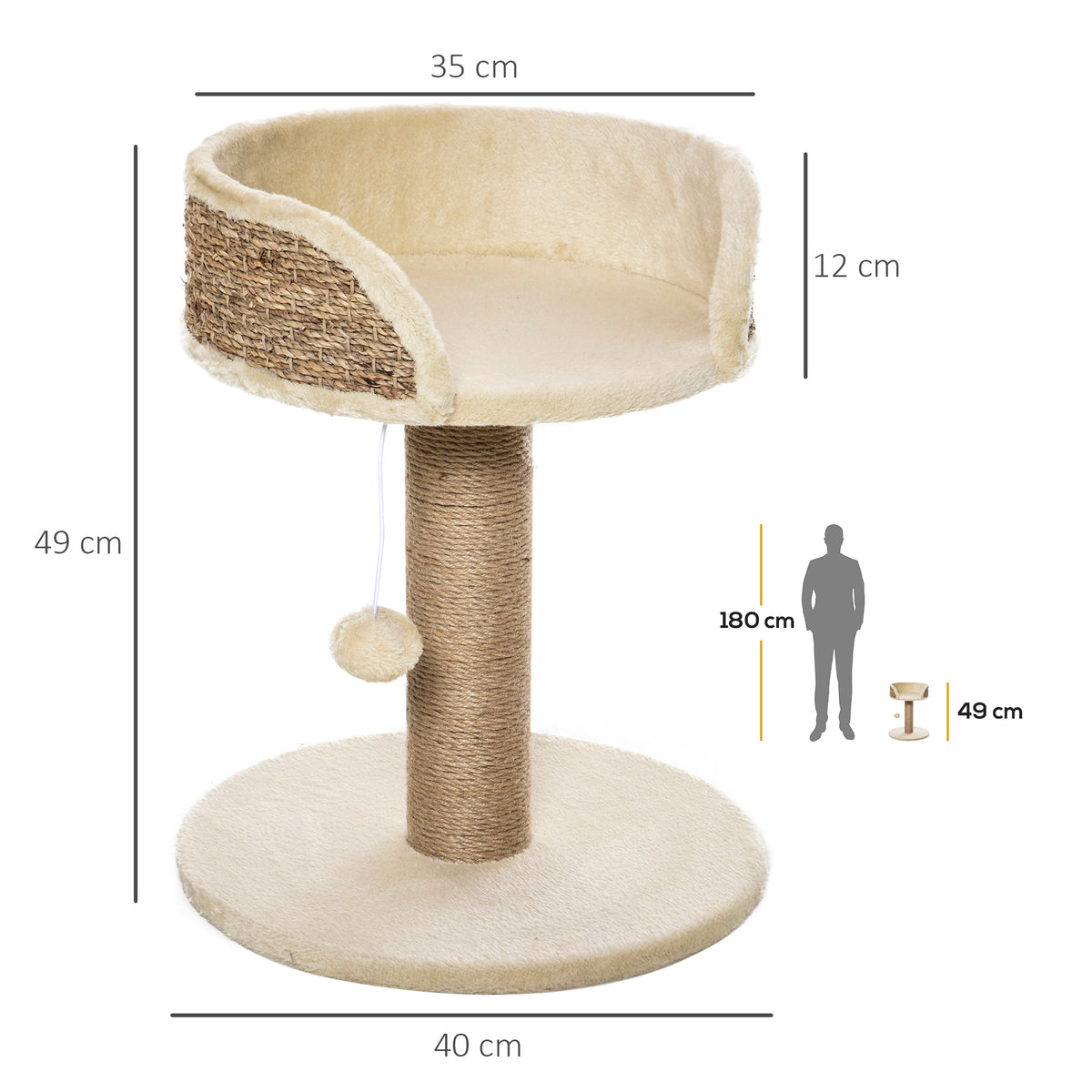 Arbre à chat arbre à grimper grattoir design jeu pompon suspendu + plateforme peluche 40 x 40 x 49 cm sisal beige-2