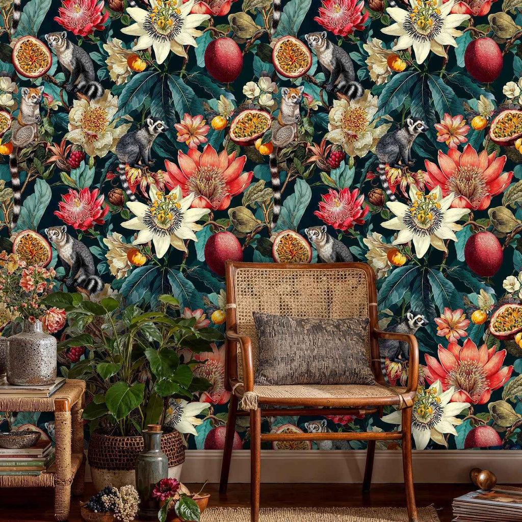 Papier peint lémuriens et floraison tropicale