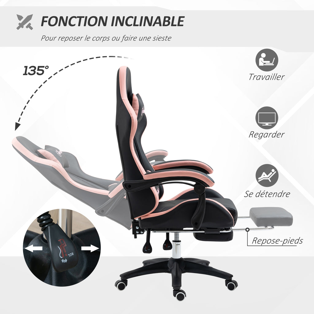 Chaise gaming fauteuil gaming ergonomique avec dossier inclinable à 135° et soutien lombaire, 65 x 65 x 121-129 cm rose-4