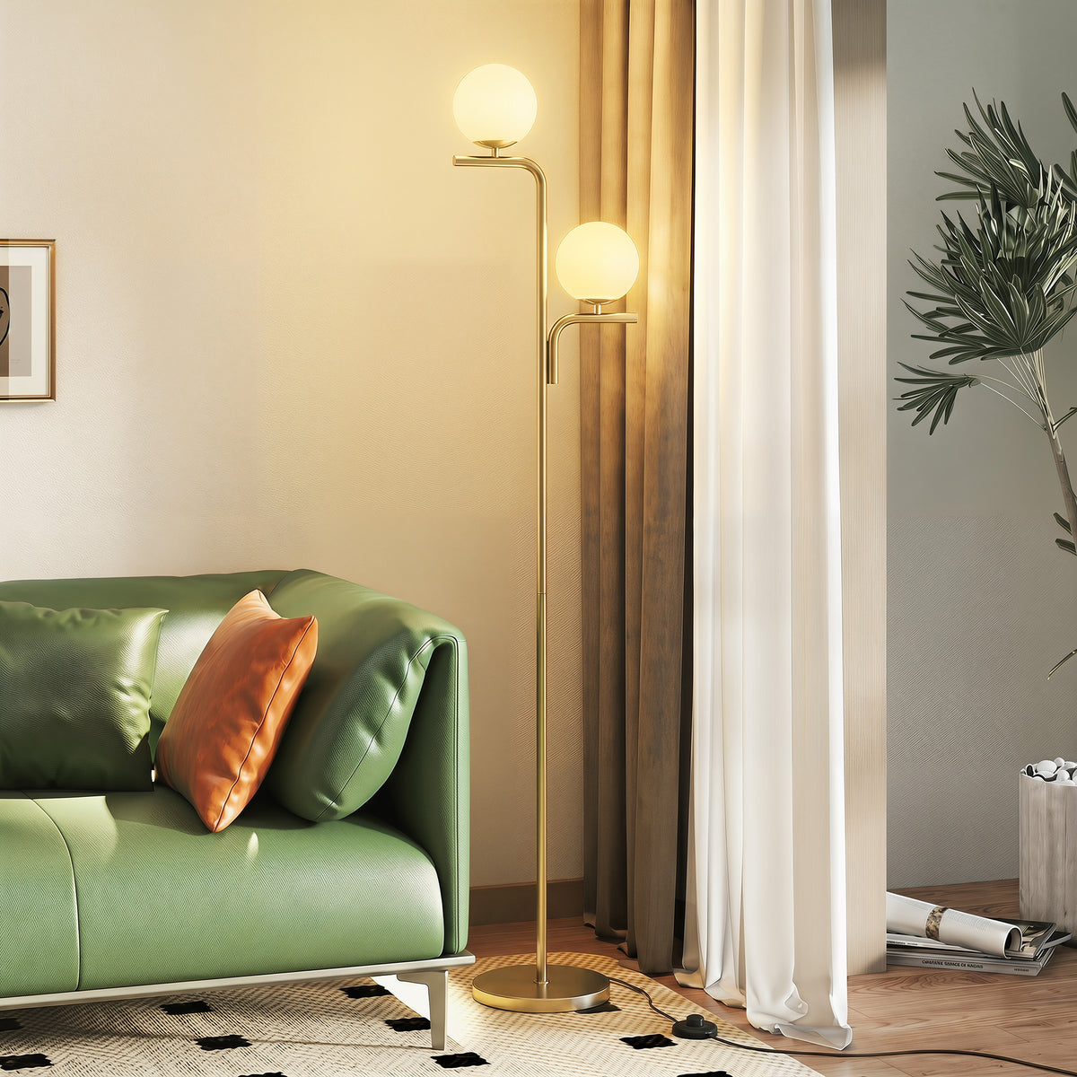 Lampadaire sur Pied Salon à Double Tête, Lampe sur Pied avec 3 Températures de Lumière, Abat-Jour en Verre, Doré-1