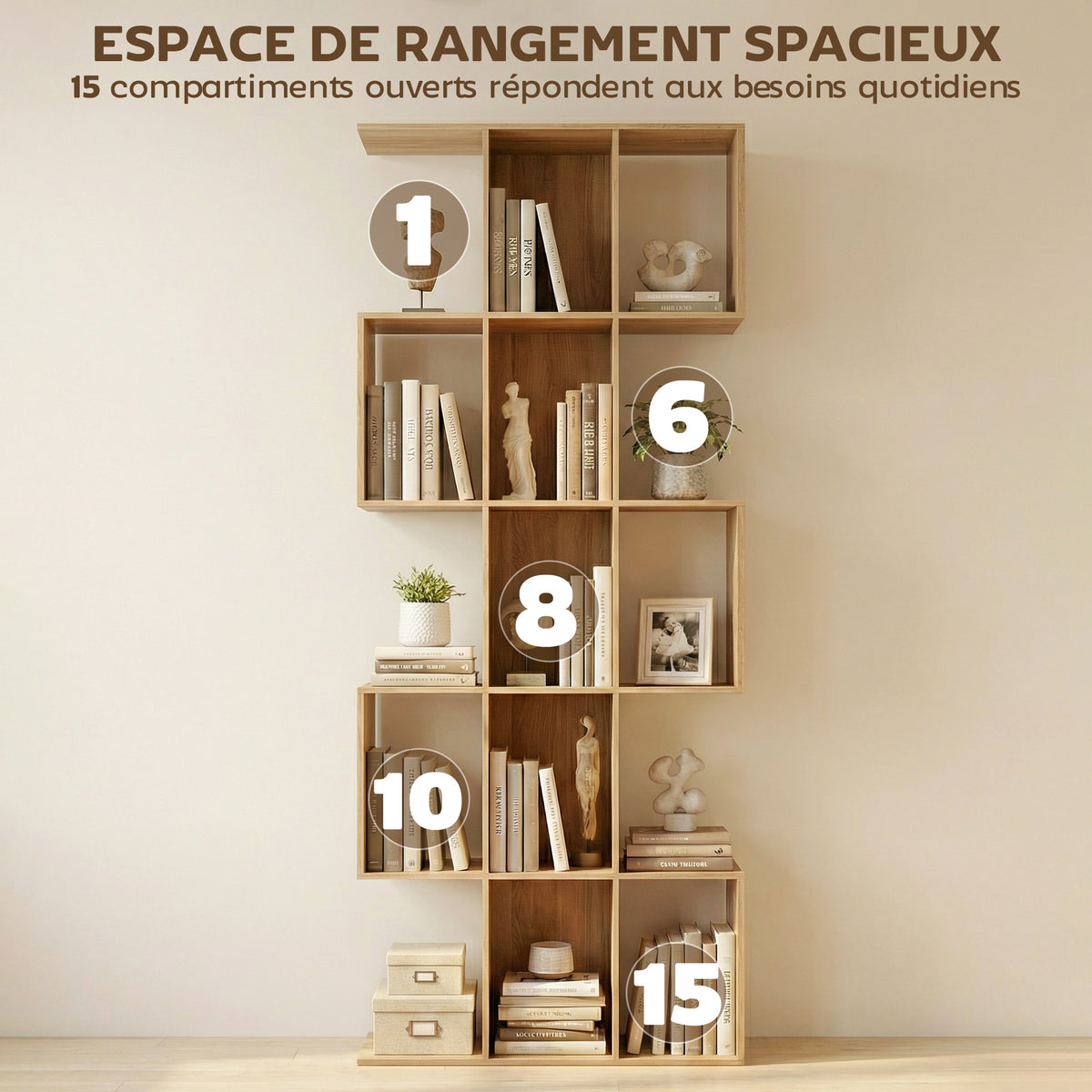 Bibliothèque à 5 niveaux, étagère de rangement en forme S avec 15 compartiments ouverts, 80 x 24 x 200 cm, chêne-4
