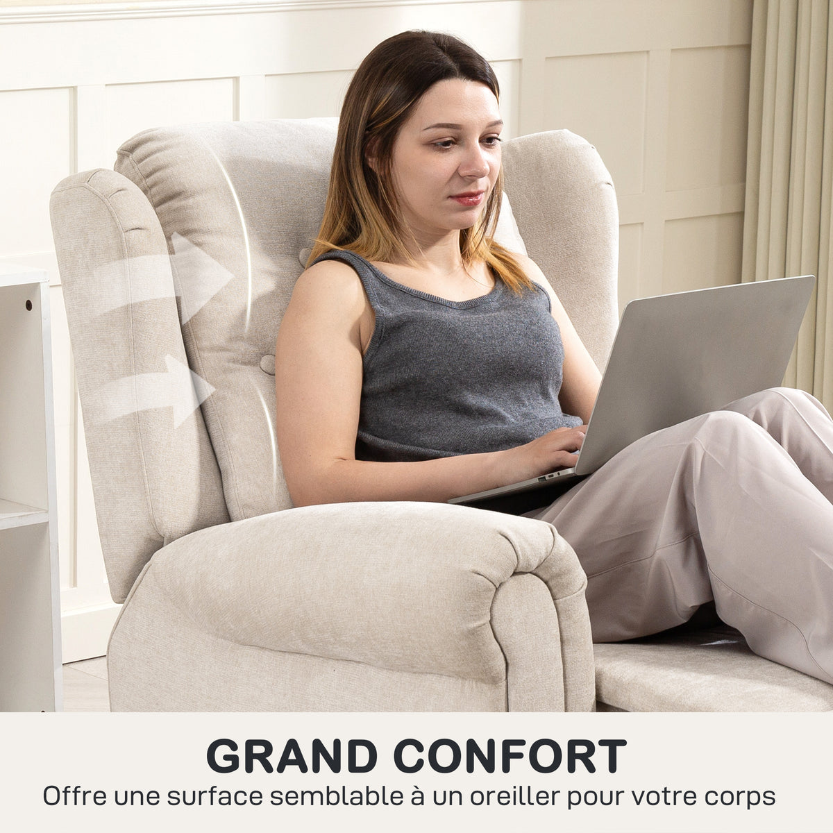 Fauteuil relax massant et chauffant avec dossier et repose-pieds réglable manuellement, poche latérale, beige-6
