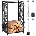 Porte bûches - Range bûches Serviteur de cheminée Arbre - Multi Accessoires étagère 46L x 29l x 70H cm Acier Noir-0