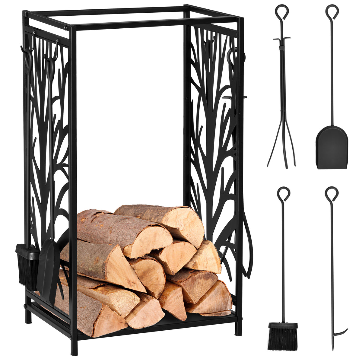 Porte bûches - Range bûches Serviteur de cheminée Arbre - Multi Accessoires étagère 46L x 29l x 70H cm Acier Noir-0