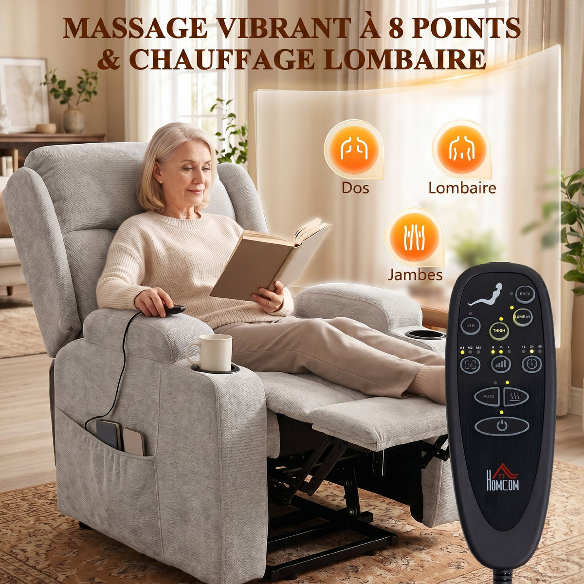 Fauteuil Releveur Électrique Massage et Chauffage, Fauteuil Relax Électrique en Chenille, Appui-tête Pliable, Gris Clair-3