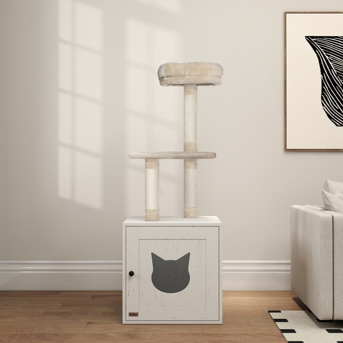 Arbre à chat avec maison de toilettes, tour de jeu 2-en-1 de 129 cm avec cache-litière, poteaux à griffer, crème-8