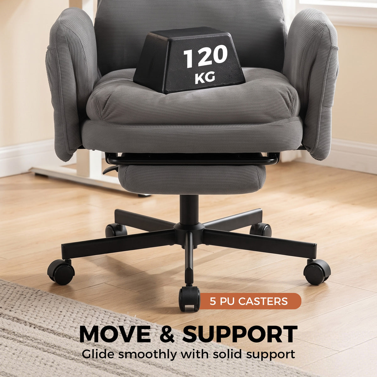Chaise Bureau Ergonomique, Accoudoirs Rabattables, Appui-tête Réglable, Fauteuil Bureau Inclinable Velours Côtelé, Gris-8