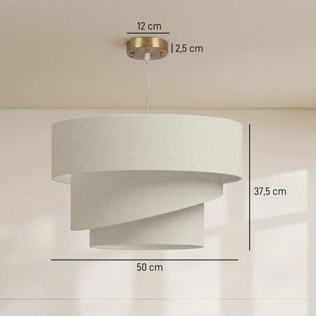 Suspension Luminaire à 3 Abat-Jour Effet Lin, Ampoule Non Incluse E14 40 W, Câble Réglable, Rosace Dorée, Beige-2
