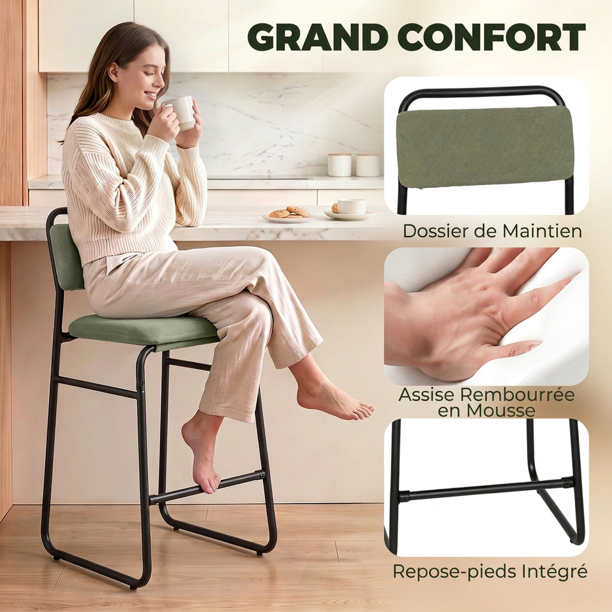 Lot de 2 Tabourets de Bar, Chaises de Bar en Velours, Assise Rembourrée 67H cm, Dossier et Repose-Pieds, Vert-4