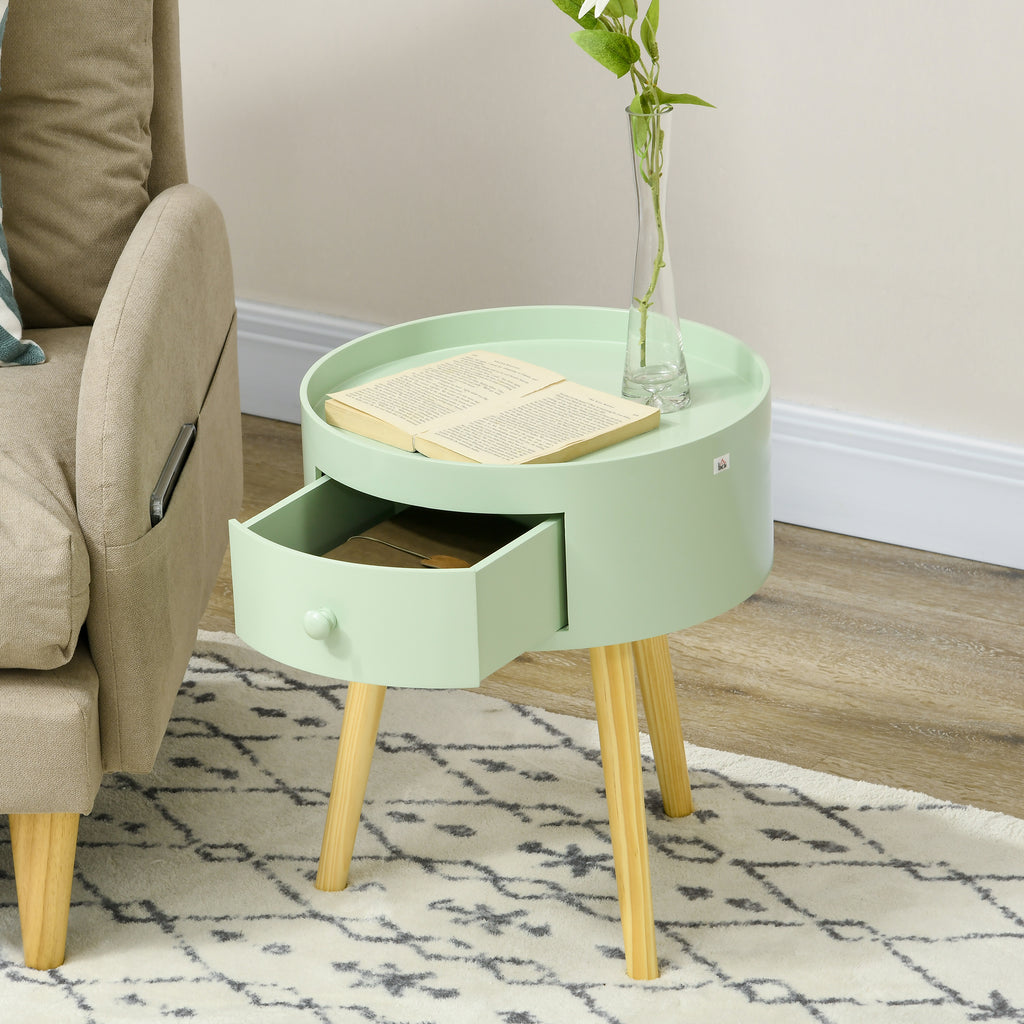 Table basse table de chevet table de nuit ronde design scandinave bout de canapé avec tiroir pieds effilés inclinés-5