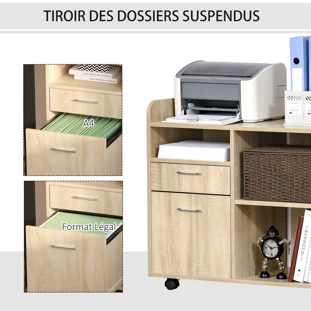 Support d'imprimante - Caisson d'organisation de Bureau Roulant - Dim. 80l x 40P x 72H cm en Bois Chêne clair-6