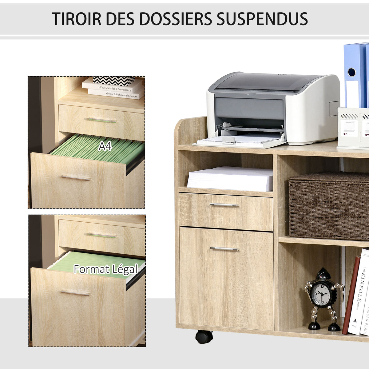 Support d'imprimante - Caisson d'organisation de Bureau Roulant - Dim. 80l x 40P x 72H cm en Bois Chêne clair-6