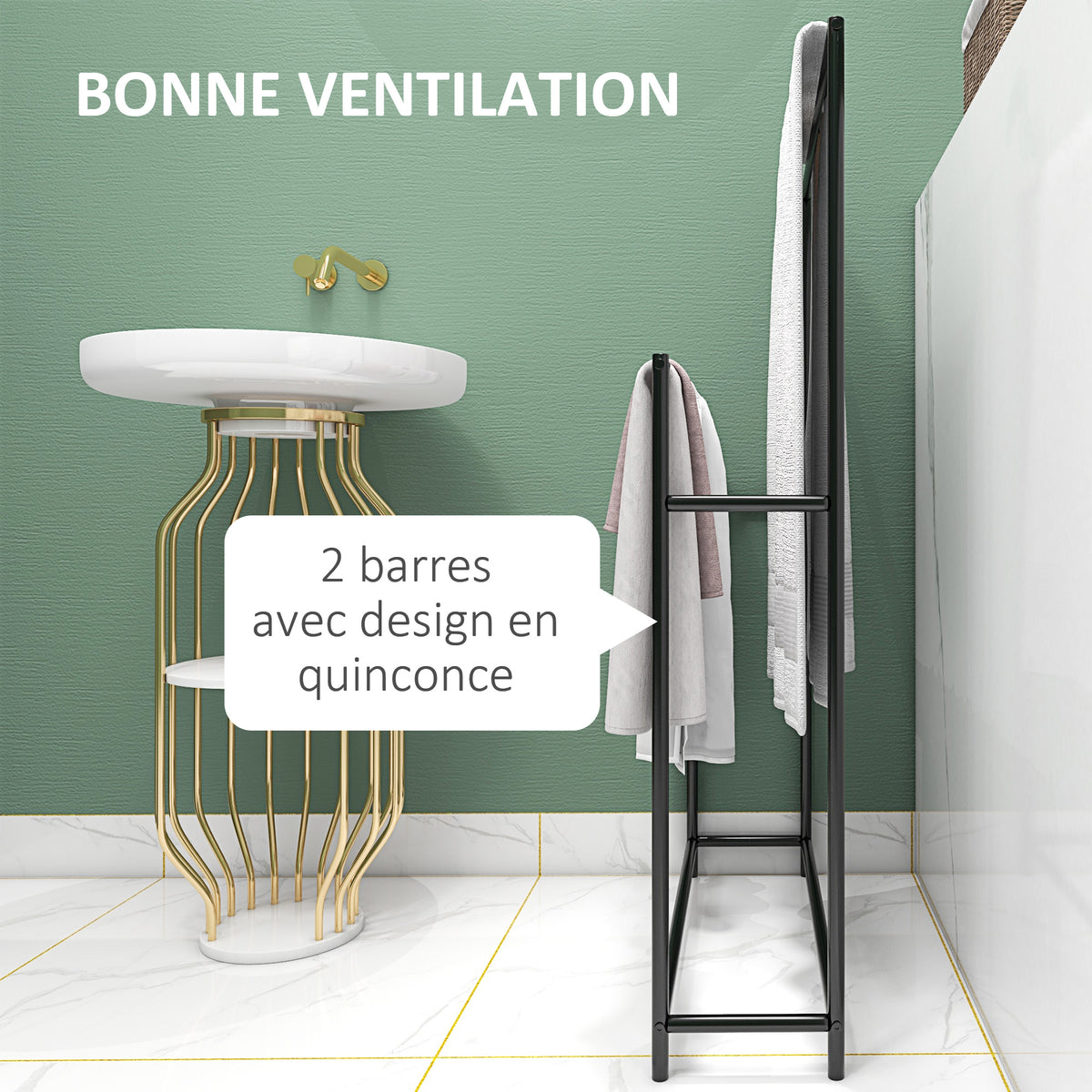 Porte serviettes sur pied sèche serviette 2 niveaux en métal pour la salle de bain, dim. 66l x 20P x 110H cm, noir-3