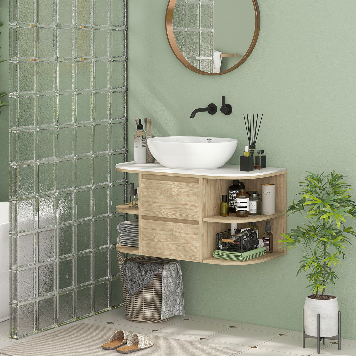 Meuble sous lavabo salle de bain suspendu meuble sous vasque avec tiroirs à fermeture douce et étagères, marron-9