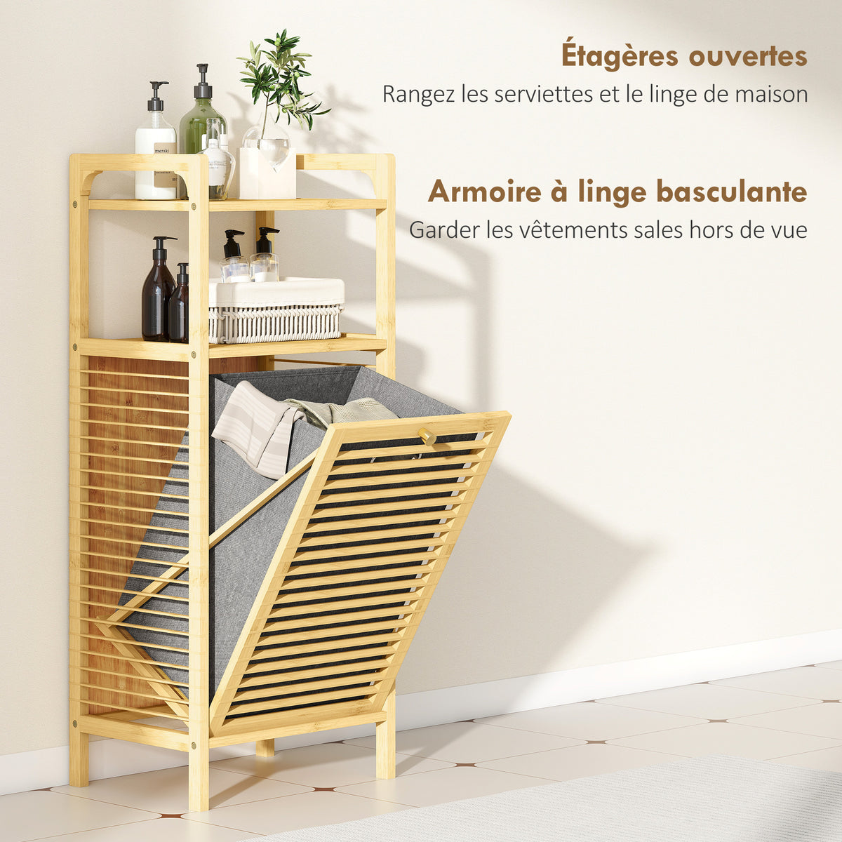 Meuble de rangement en bambou meuble de salle de bain étagère panier à linge basculant 40x30x95cm effet bois naturel-3