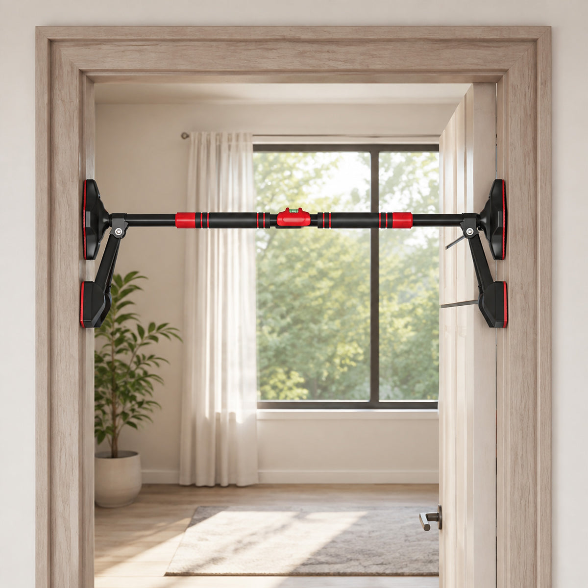 Barre de traction réglable de 78 à 120 cm, barre de porte niveau intégré, structure triangulaire, jusqu'à 225 kg, noir-1