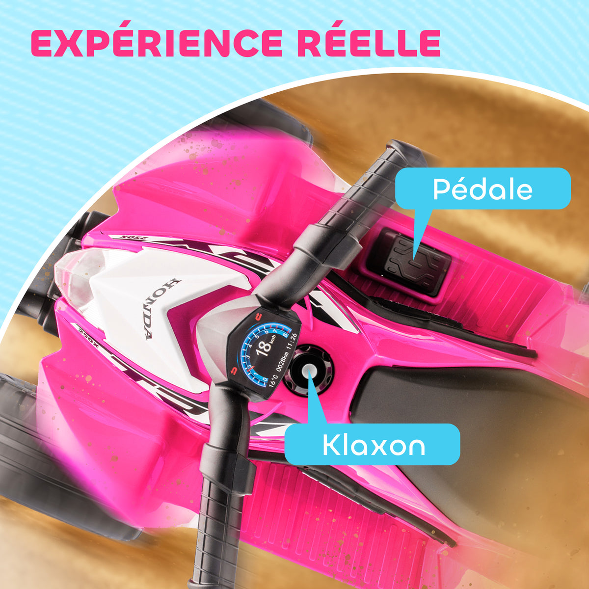 Quad électrique enfant 6 V, vitesse de 2,8 km/h, phares LED, klaxon, poignée et selle ergonomique, rose-3