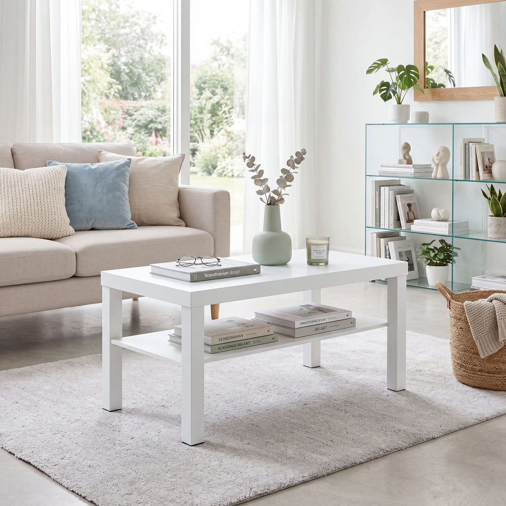 Table basse de salon, table d'appoint rectangulaire à 2 niveaux avec étagère de rangement, 90x45x44,5cm, blanc-8