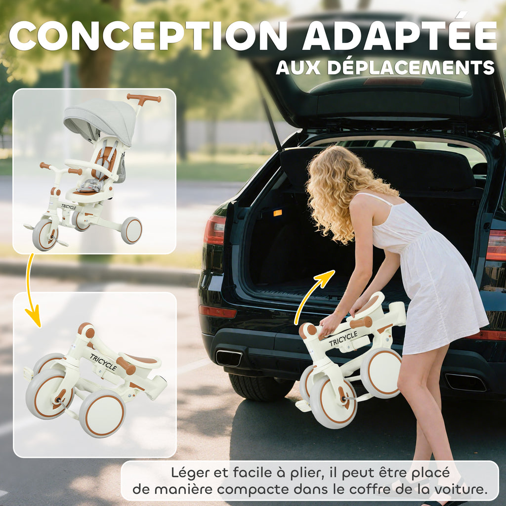 Tricycle bébé évolutif 5 en 1, tricycle enfant pliable avec poignée réglable, capote amovible, pour 1-3 ans, crème-7