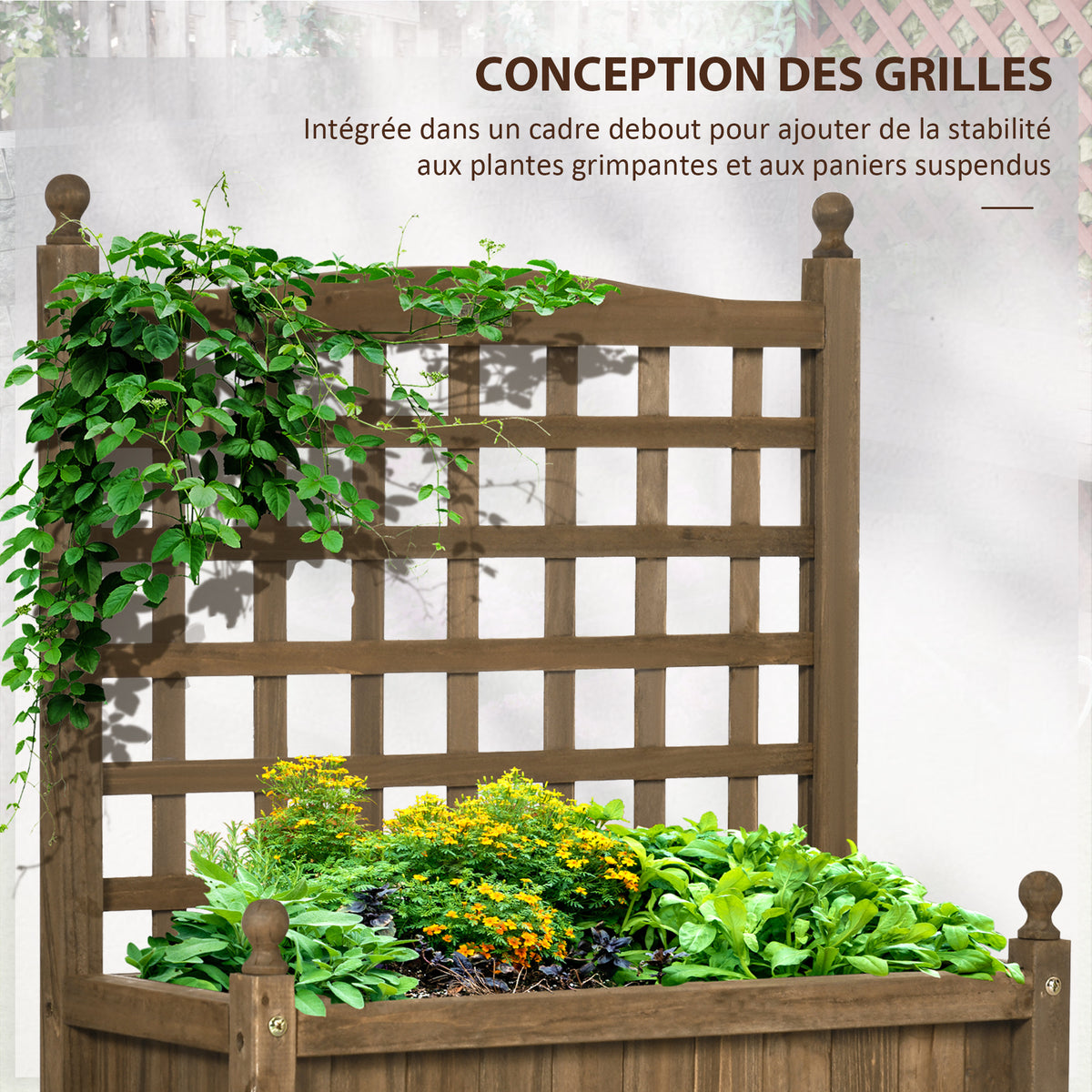 Jardinière avec treillis bac à fleurs jardinière sur pied 64 x 28 x 75 cm inserts d'irrigation bois massif-3