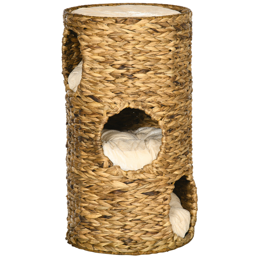 Tonneau à Gratter pour Chat 3 Niveaux, Coussins, Tressage en Jacinthe d'Eau, Cadre en Acier, Ø 40 x 73 cm, Marron Clair-0