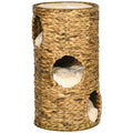 Tonneau à Gratter pour Chat 3 Niveaux, Coussins, Tressage en Jacinthe d'Eau, Cadre en Acier, Ø 40 x 73 cm, Marron Clair-0