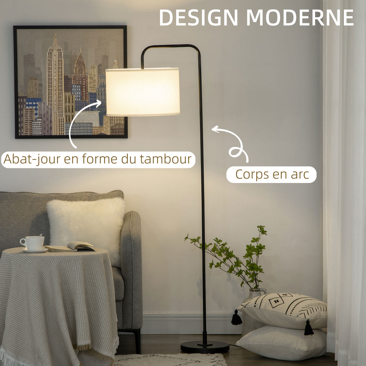 Lampadaire sur pied salon en métal noir moderne avec abat-jour câble de 180 cm 64 x 38 x 163,5 cm noir-3