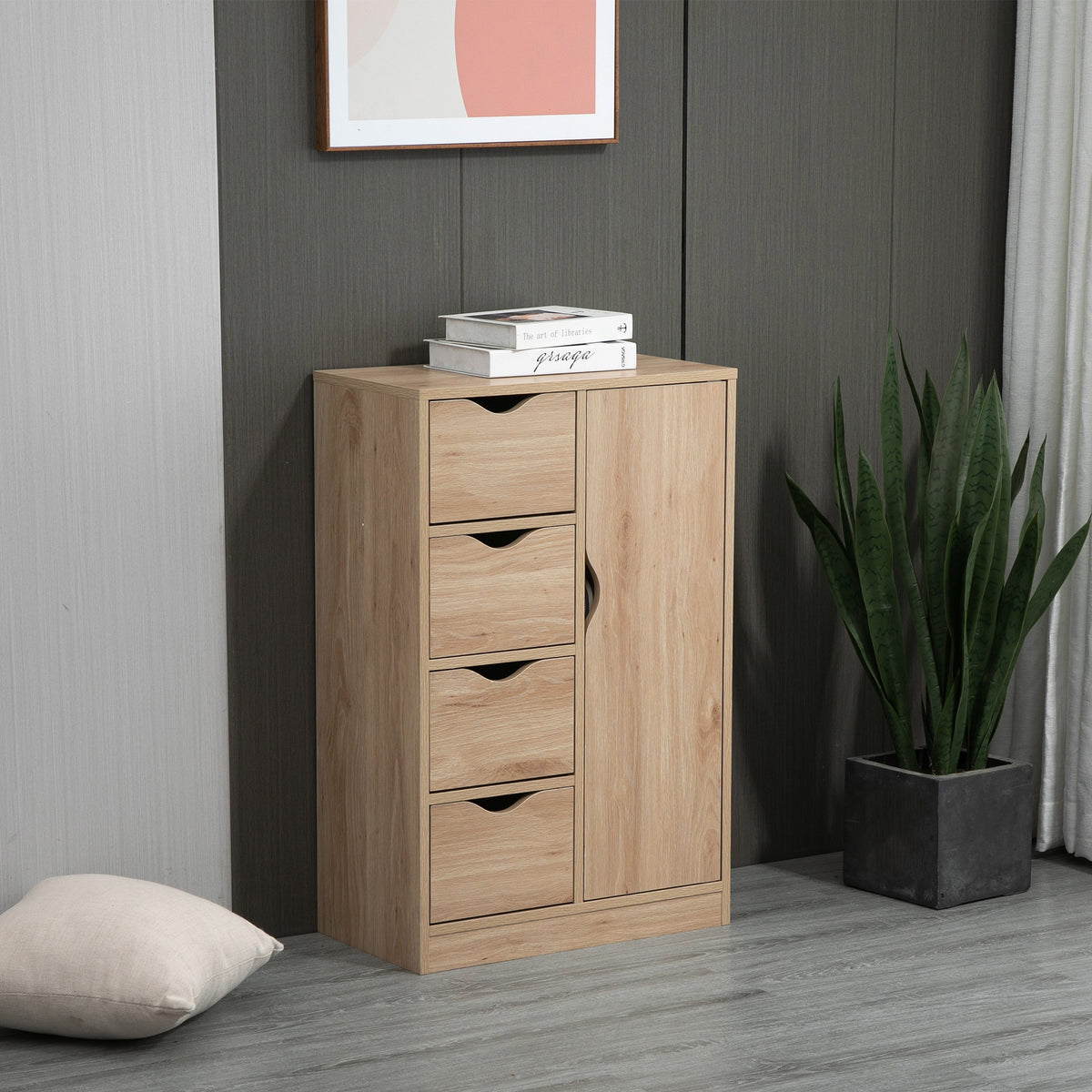 Meuble de rangement buffet commode moderne 1 placard et 4 tiroirs - en bois - pour salon, cuisine, entrée, salle à manger - marron-1