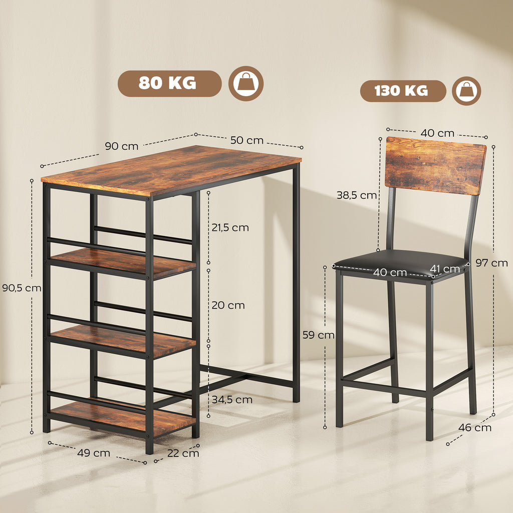 Ensemble Table de Bar avec 2 Tabourets, Table Haute de Cuisine et 2 Chaises de Bar Rembourrées PU, Brun Rustique-2