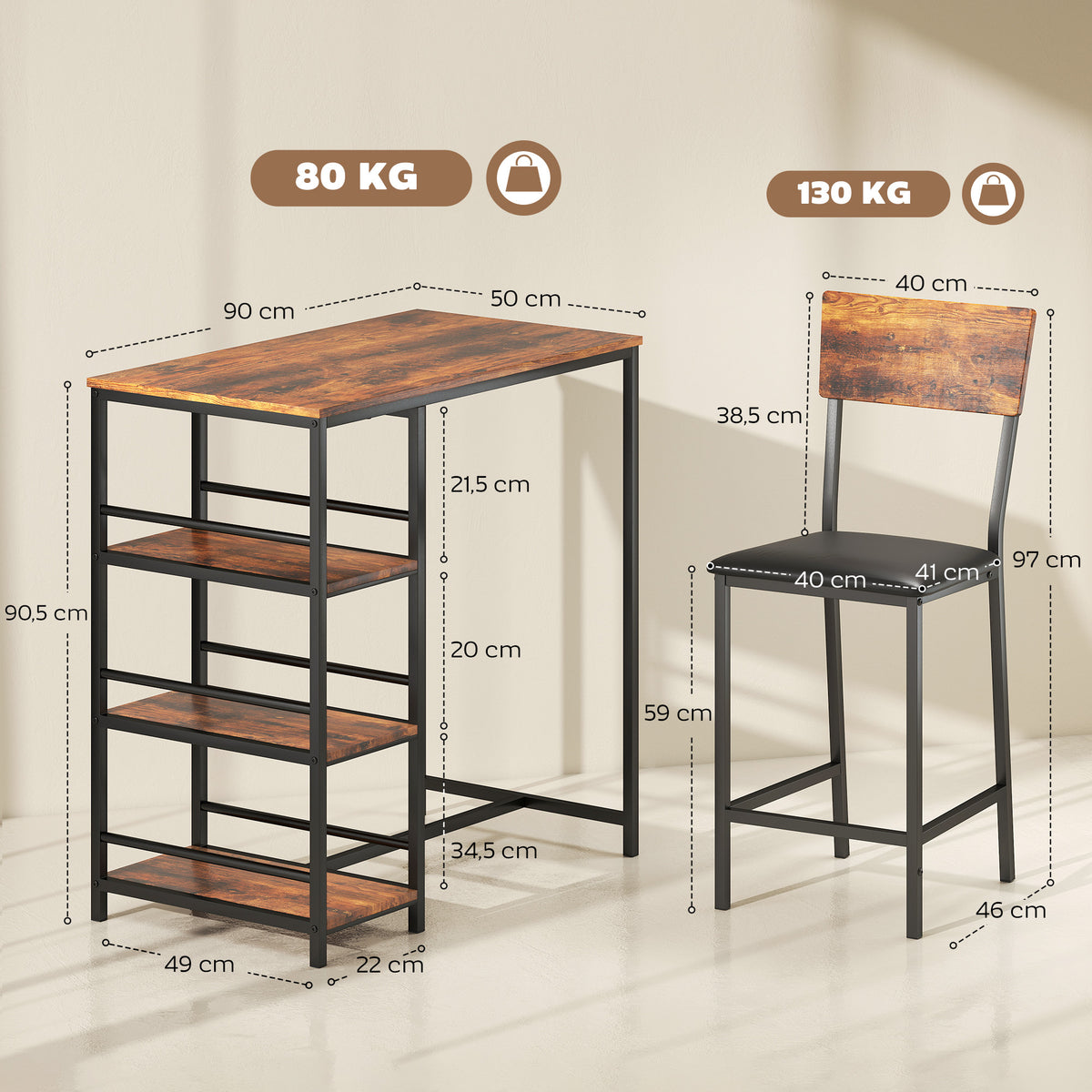 Ensemble Table de Bar avec 2 Tabourets, Table Haute de Cuisine et 2 Chaises de Bar Rembourrées PU, Brun Rustique-2