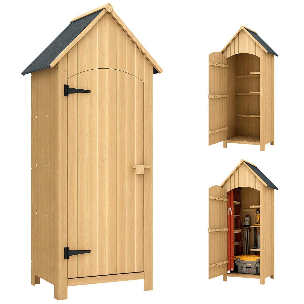Abri de jardin en bois cabane de jardin exterieur armoire de jardin avec toit bitumé 3 étagères porte avec loquet rangement et stockage extérieurs pour terrasse 77,5 x 54,2 x 179,5 cm naturel-0