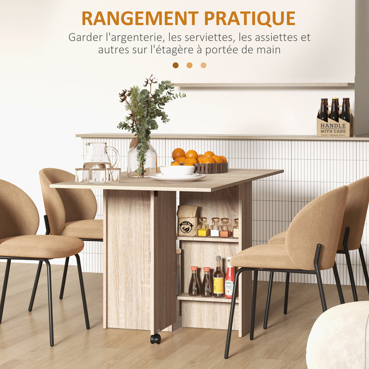 Table à manger pliante mobile sur roulettes 2 plateaux rabattables et 2 étagères intégrées 140 x 80 x 74 cm naturel-4