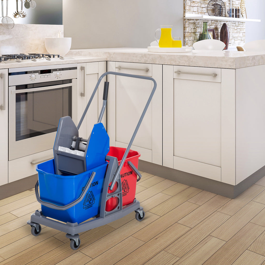 Chariot de lavage chariot de nettoyage professionnel presse à mâchoire 2 seaux 25 L 73L x 45l x 92H cm plastique gris bleu rouge-1