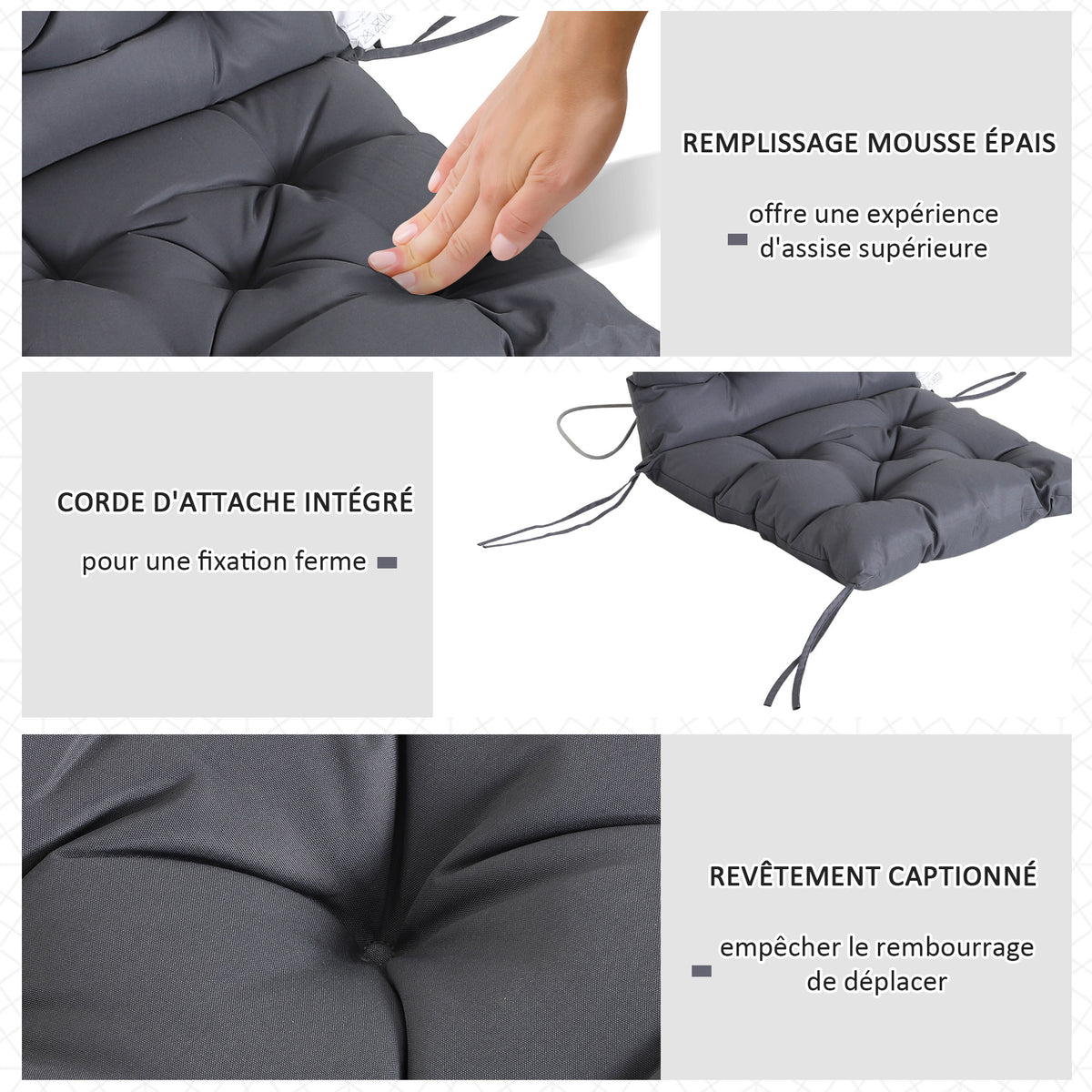 Lot de 2 coussins de chaise d'extérieur, galette de chaise avec attaches, coussins de jardin pour terrasse ou balcon, 98 x 50 x 8 cm, gris-6