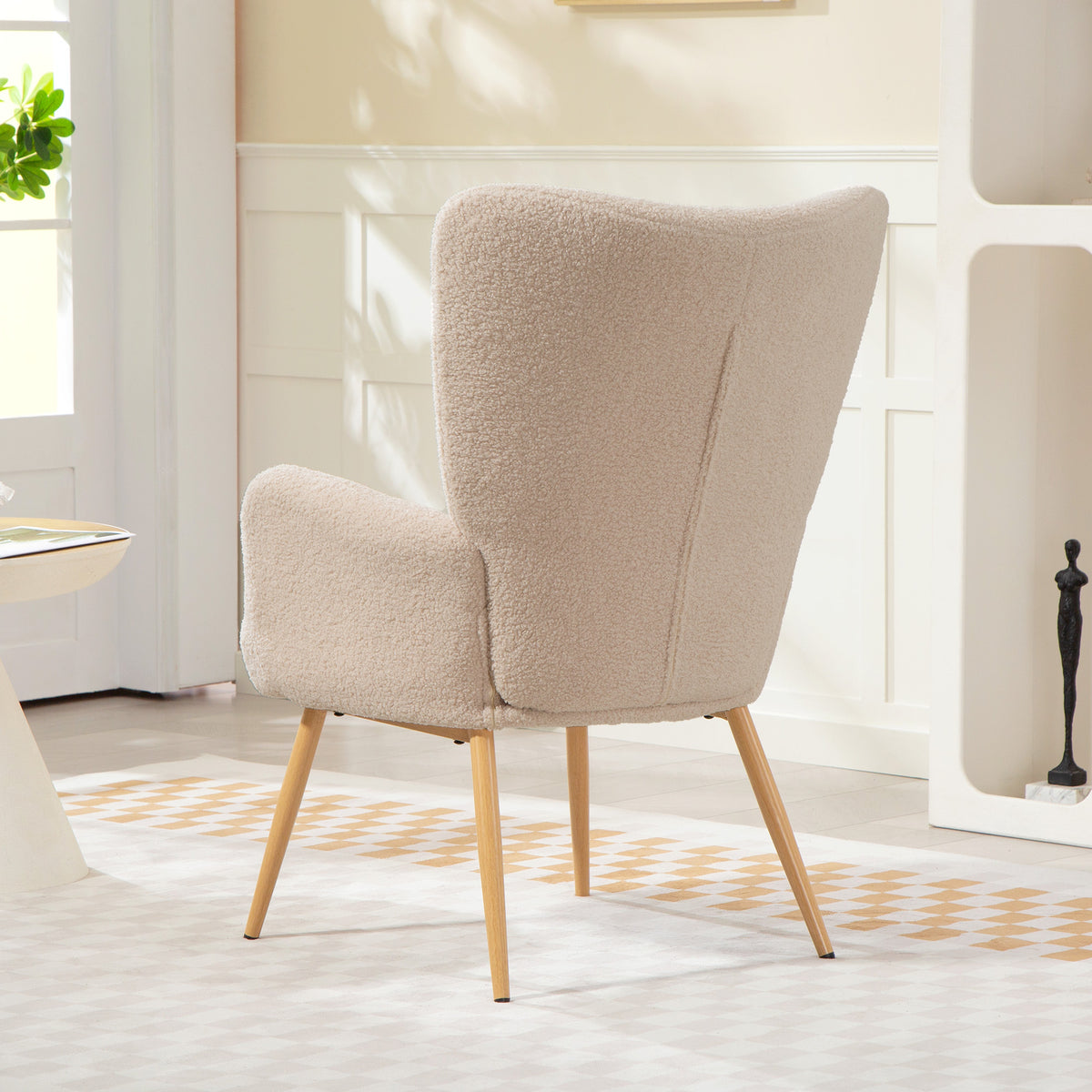 Fauteuil salon, fauteuil d'appoint rembourré en tissu bouclette avec haut dossier et accoudoirs, 71x74x97,5cm, beige-8