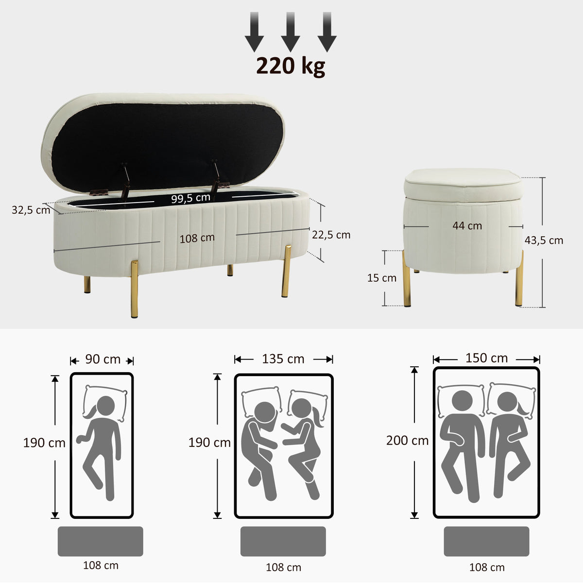 Banc de rangement, bout de lit en velours avec couvercle, pieds en métal, capacité 72 L, 107x42x45,5cm, crème-2