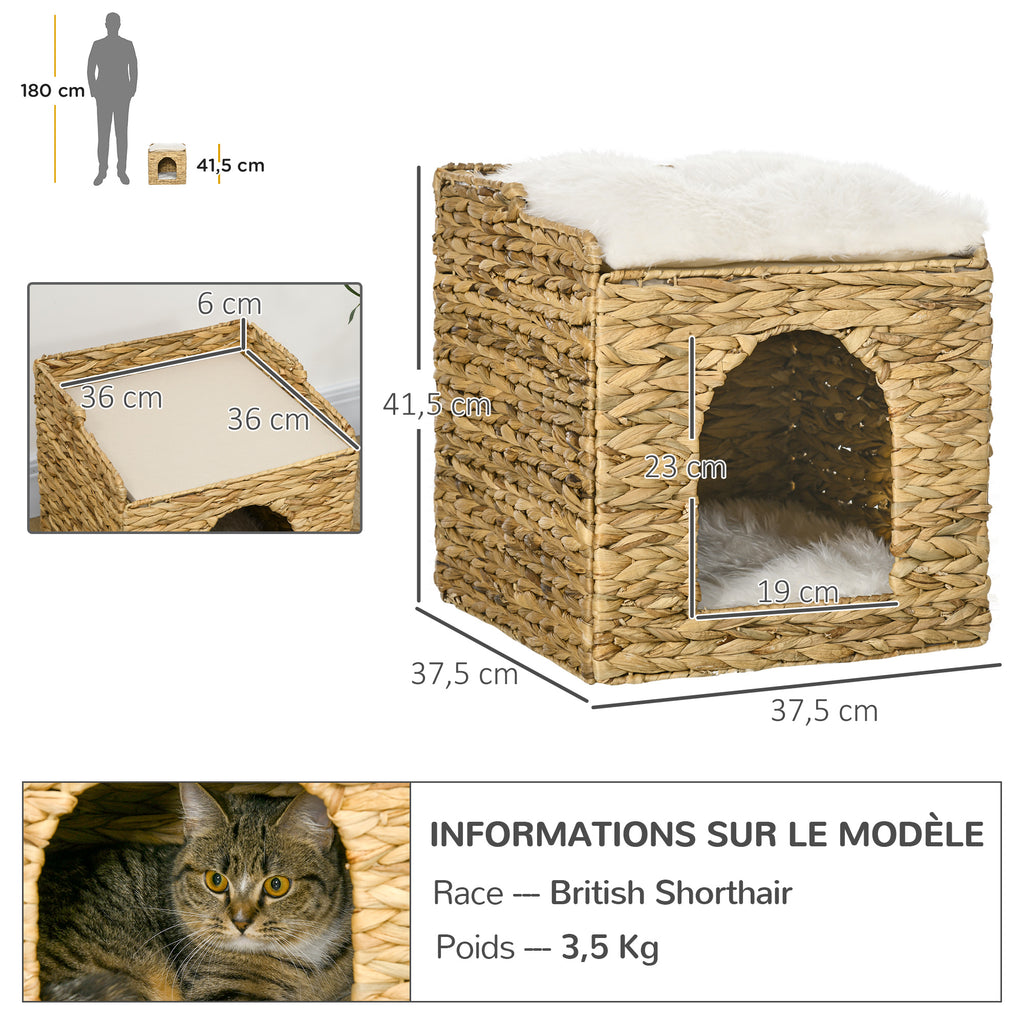 Niche pour chat 2 niveaux avec 2 coussins en jacinthe d'eau - 37,5 x 37,5 x 41,5 cm marron crème-2