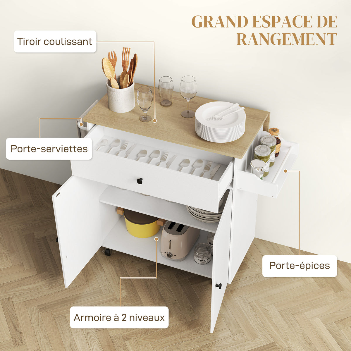 Desserte de cuisine sur roulettes, Îlot central cuisine - tiroir, étagère réglable, support à épices et porte-serviette-4
